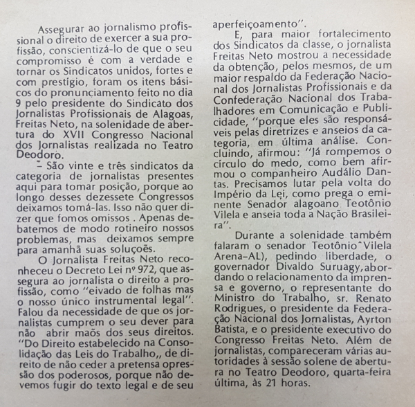 Discurso de Freitas Neto no XVII Congresso dos Jornalistas Profissionais, 1978